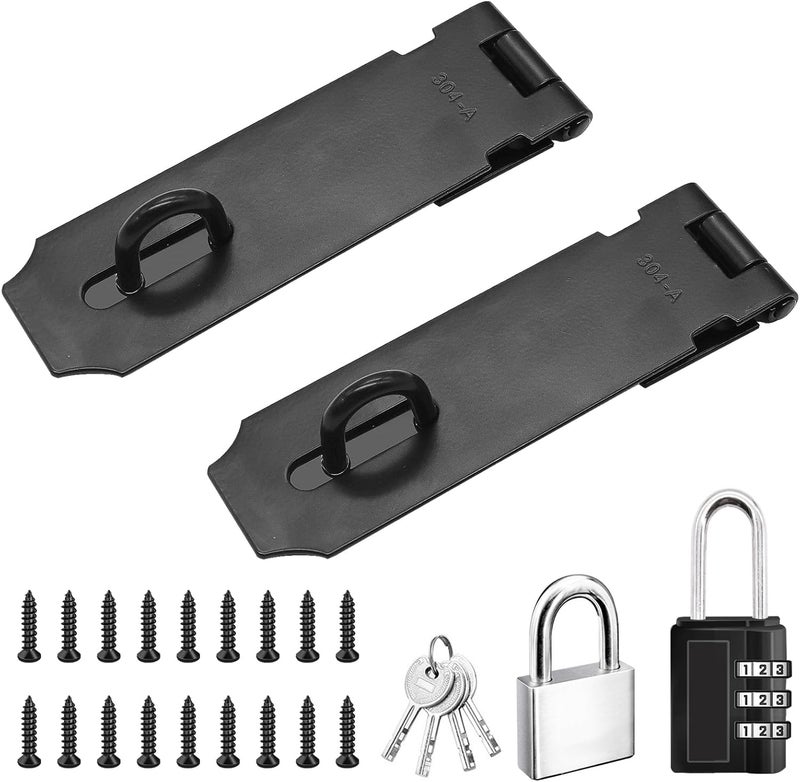 Sunxeke 5 Inch Door Locks Hasp Latch 2 Pack,304 Stainless Steel Safety Padlock Clasp Hasp Lock Latch with Combo Lock & Padlock,Heavy Duty Gate Latch Lock with Screws(Black) - Image 1